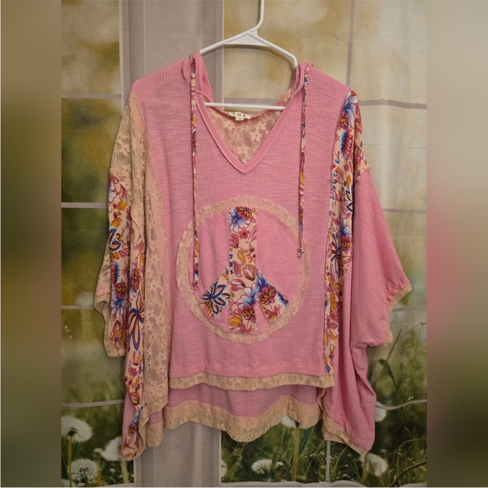 NEW POL Pink Blush Oversized Peace Sign Floral Mixed Media V-Neck Hoodie Top S - Picture 7 of 9